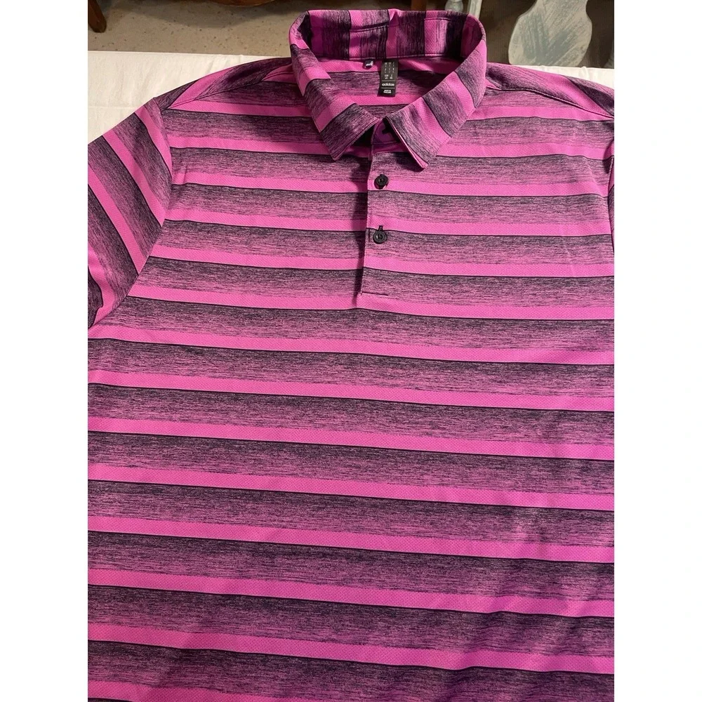 adidas Men's Polo Shirt L Pink Black Striped Short Sleeve Collared Button Poly